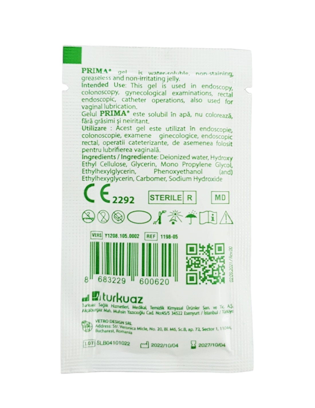 Gel lubrifiant steril PRIMA pentru uz medical, solubil in apa, hipoalergenic, transparent, 5 g, 100 bucati